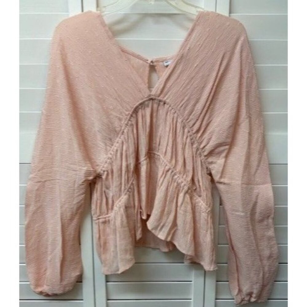 ASOS Design Womens Pink Textured Long Sleeve Peplum Blouse With Back Button Clos